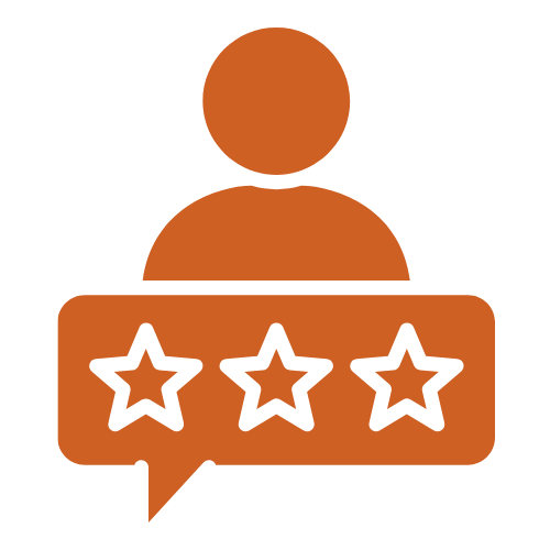 Orange icon of a person with three stars on a green background