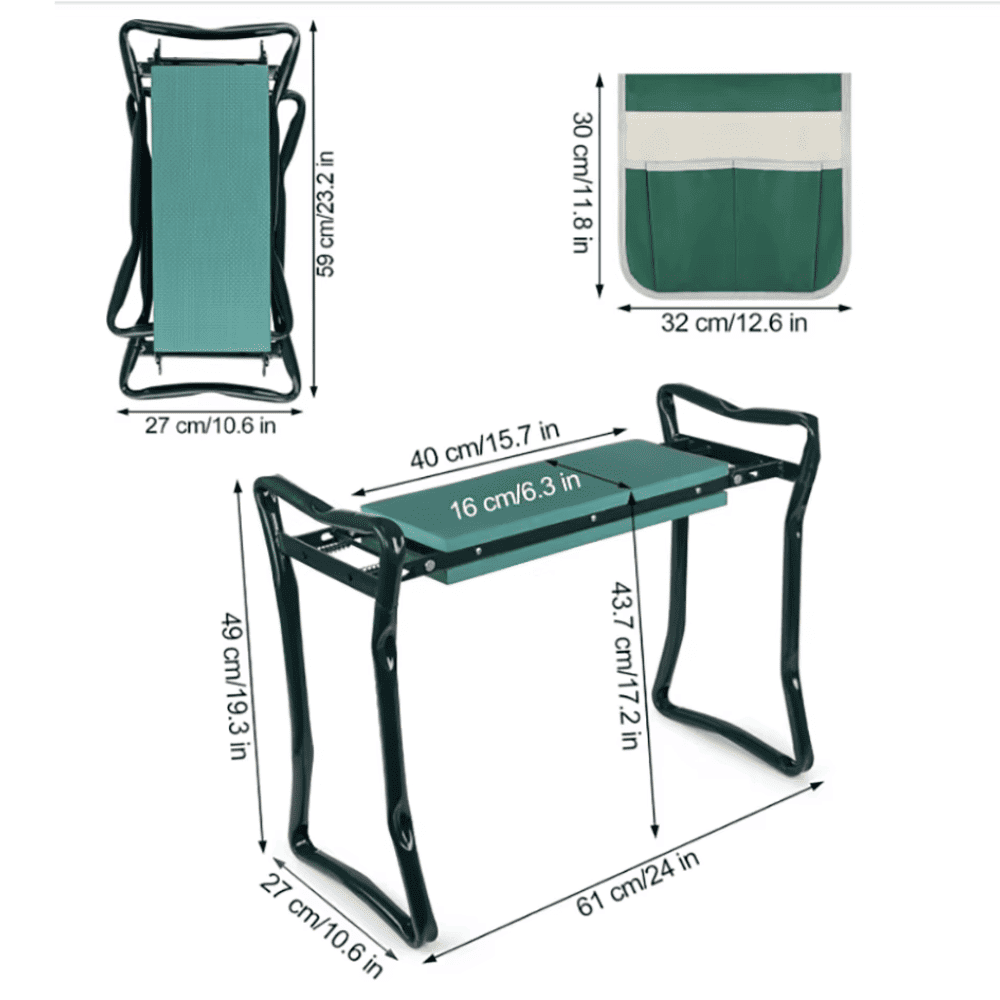 Gardening stool with dimensions on a white background