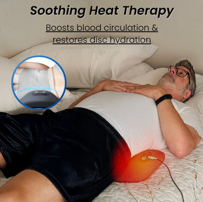 Man lying on a bed with a heating pad, text about soothing heat therapy.