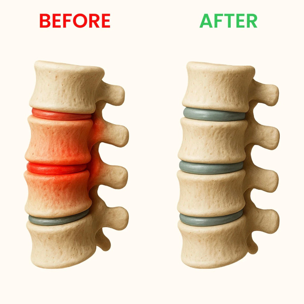 Model of a spine showing 'Before' and 'After' with red and green labels.