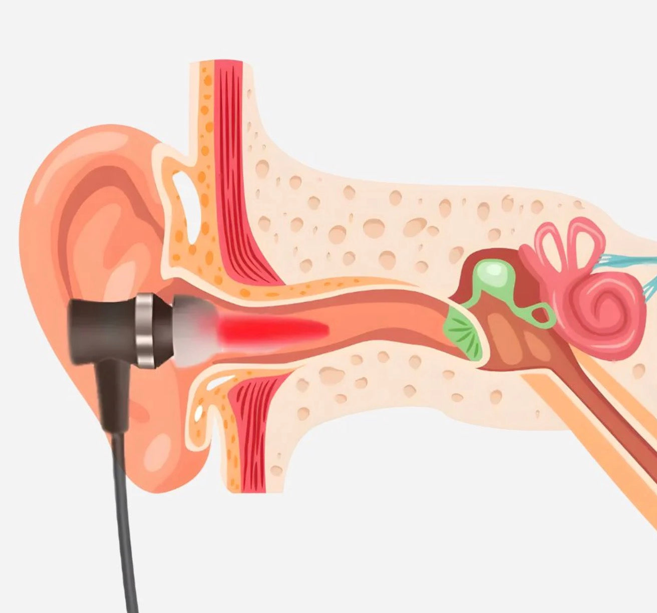 Illustration of an ear with a red dot indicating pressure, on a white background