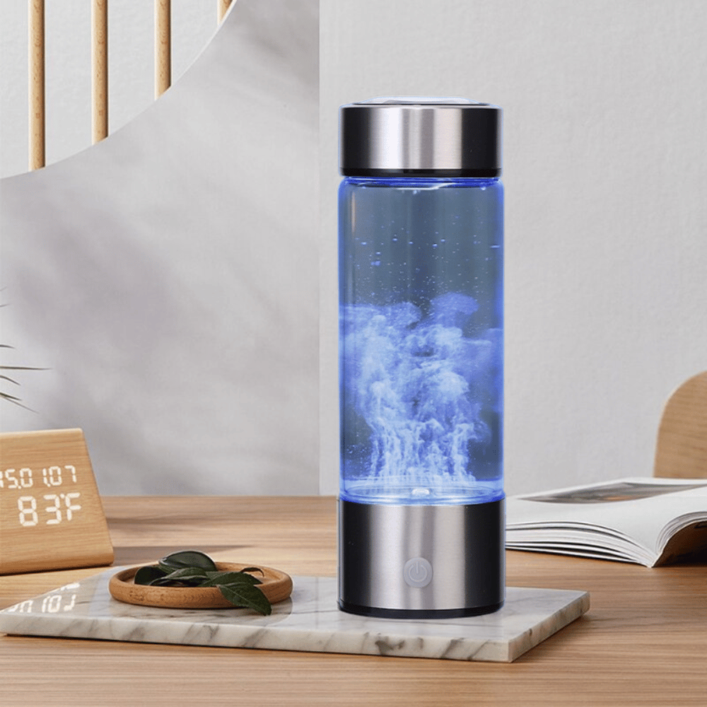 Hydrogen Water Bottle on home desk with bubbling function and modern rechargeable design