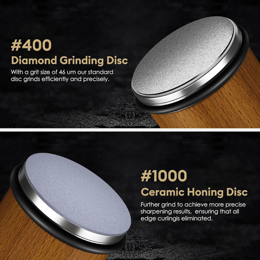 Rolling Knife Sharpener with diamond grinding disc and ceramic honing disc for sharp kitchen knives