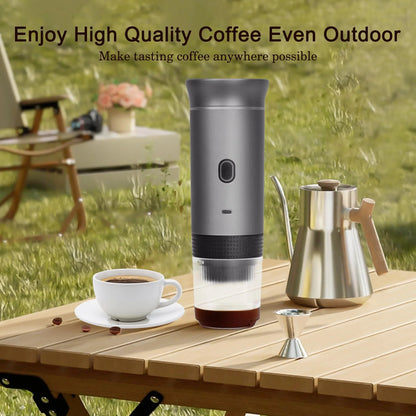 Portable Espresso Maker used outdoors on camping table for fresh coffee while traveling