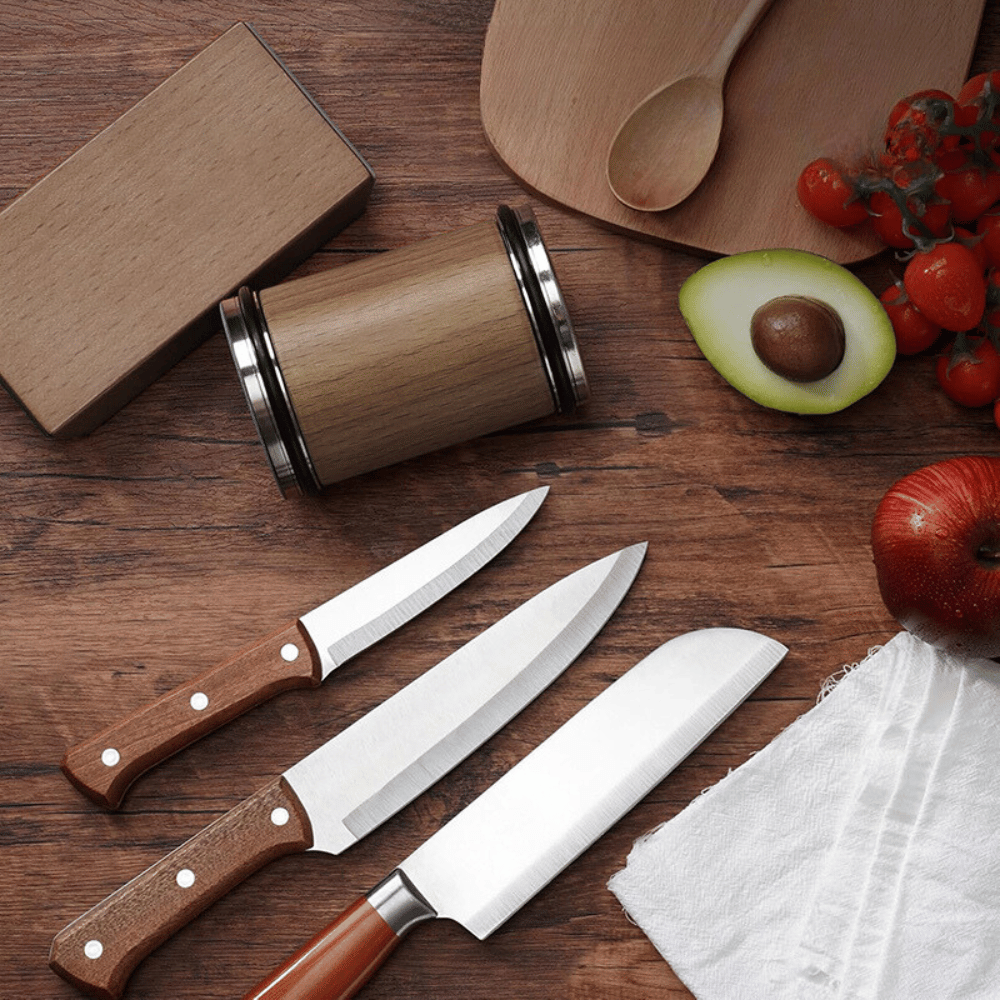 Rolling Knife Sharpener set with wooden base and kitchen knives for everyday blade maintenance