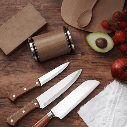Rolling Knife Sharpener set with wooden base and kitchen knives for everyday blade maintenance