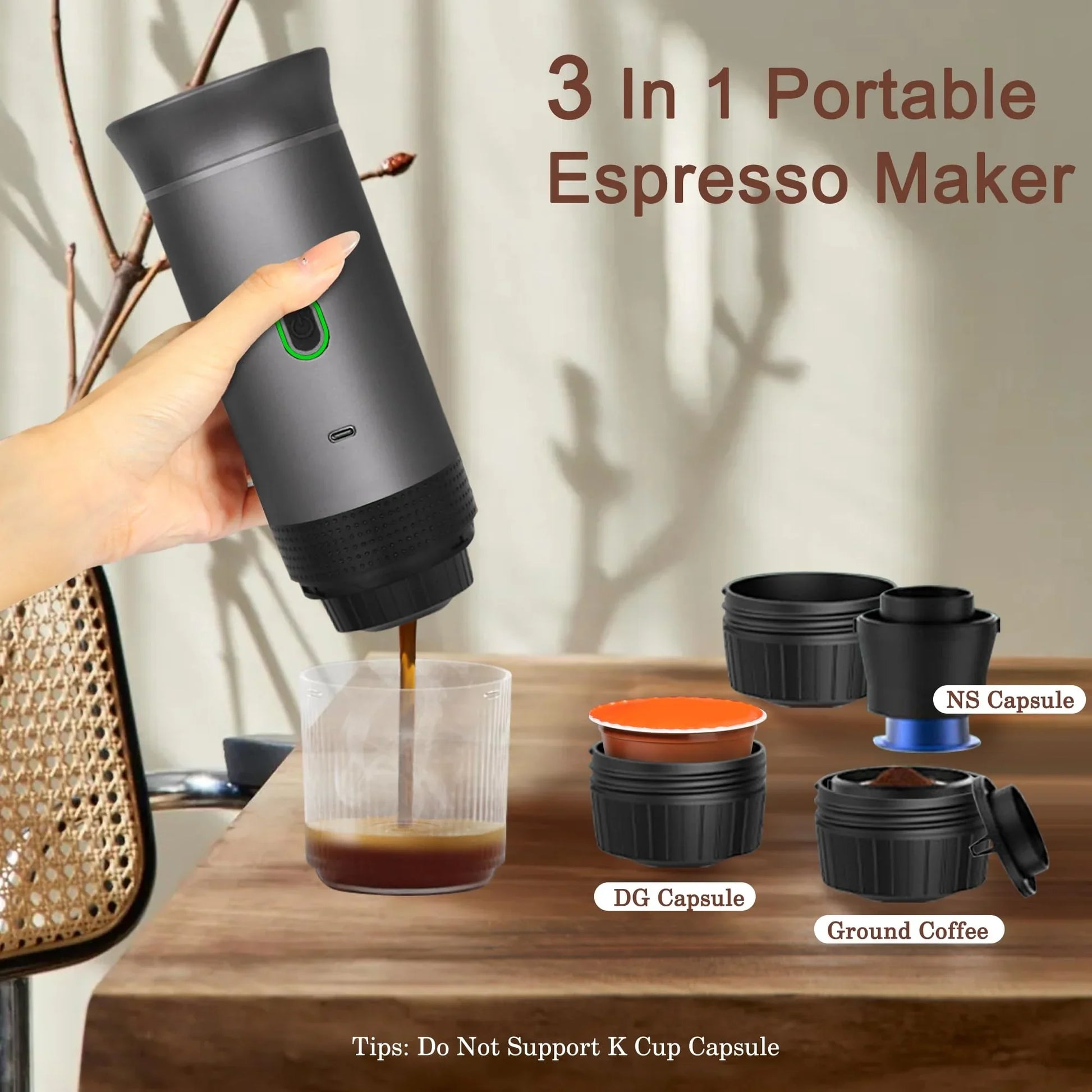 Portable Espresso Maker 3-in-1 design with capsule and ground coffee adapters for easy brewing