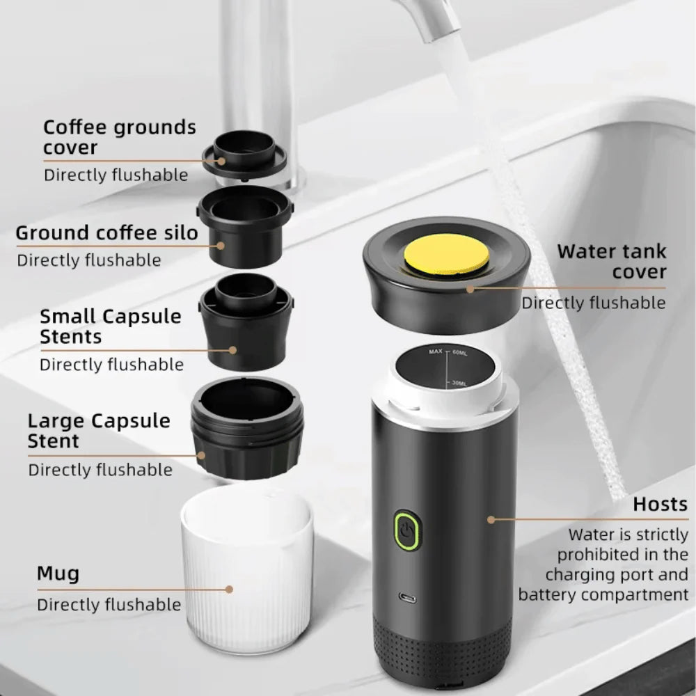 Portable Espresso Maker with washable water tank, mug and capsule adapters for simple cleaning