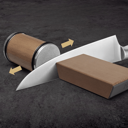 Rolling Knife Sharpener used with chef knife and wooden angle block for smooth blade sharpening at home