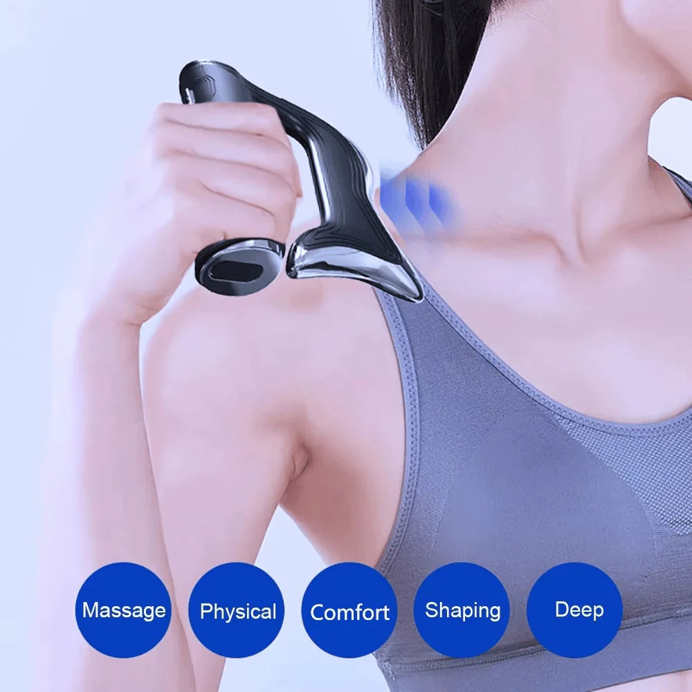 Electric Gua Sha Massager with curved stainless steel edge for shoulder, neck and body relaxation