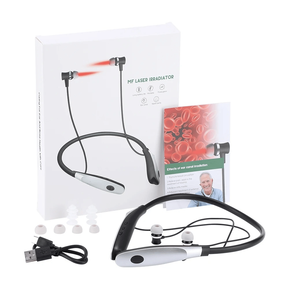Bluetooth headset with USB cable and packaging on a white background