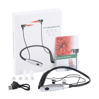 Bluetooth headset with USB cable and packaging on a white background