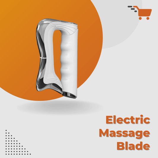 White electric massage blade on an orange and gray background with text 'Electric Massage Blade'.