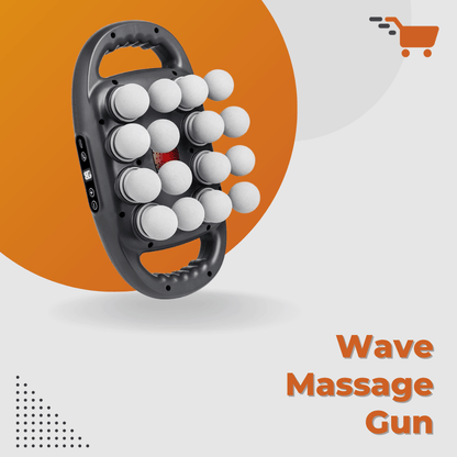 Wave massage gun with white balls on an orange and white background