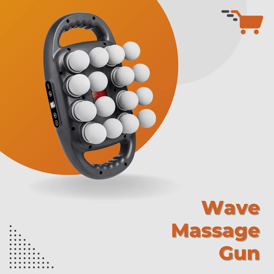Wave massage gun with white balls on an orange and white background