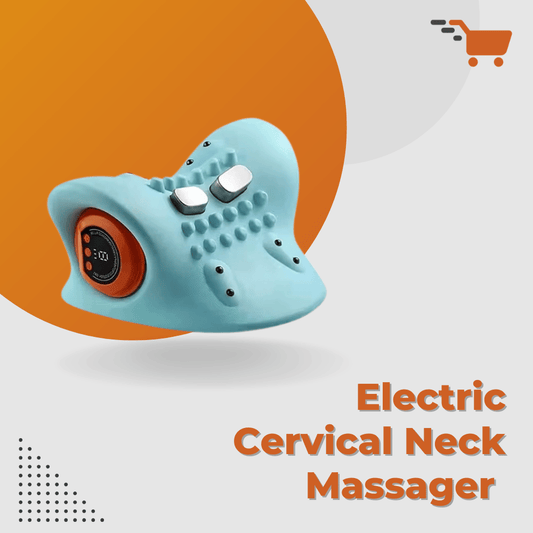 Electric cervical neck massager with a blue design on an orange and white background