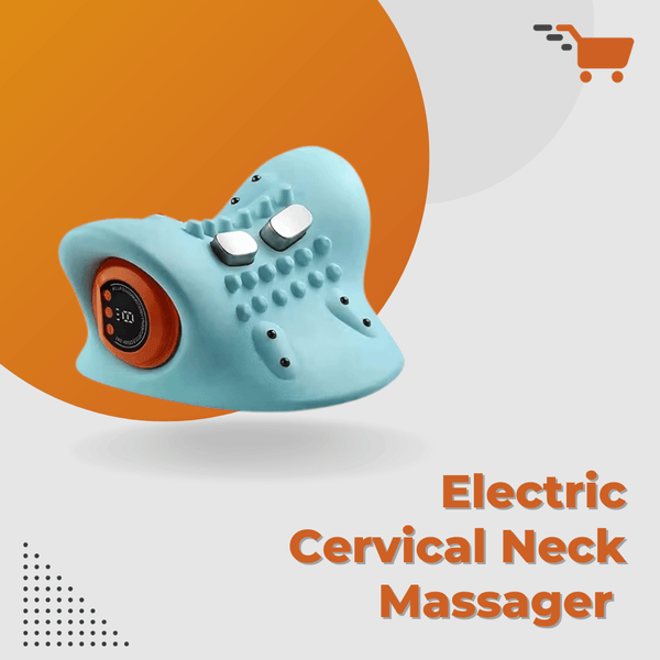Electric cervical neck massager with a blue design on an orange and white background