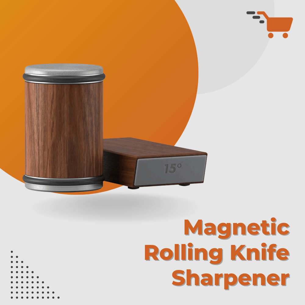 Magnetic rolling knife sharpener with wooden design on a white background