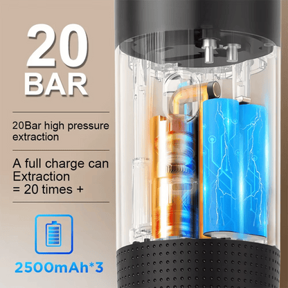 Portable Espresso Maker with 20 bar pressure and 2500mAh battery for rich coffee extraction