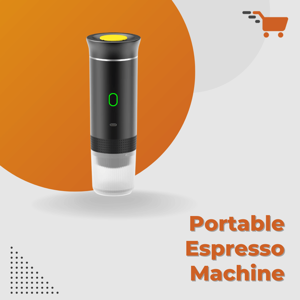 Portable espresso machine on a white and orange background with text 'Portable Espresso Machine'.