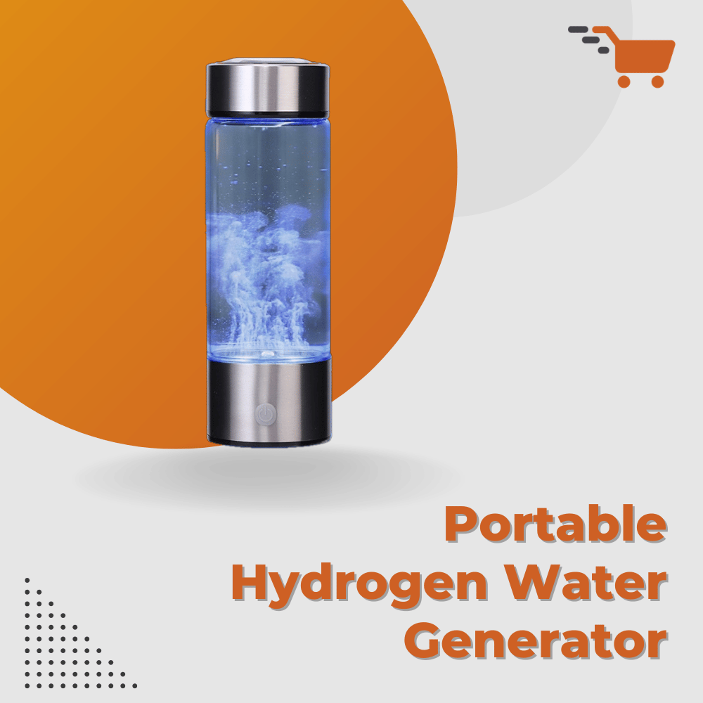Portable hydrogen water generator with visible reaction inside on an orange and white background