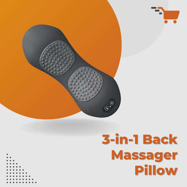 3-in-1 Back Massager Pillow on an orange and white background with a shopping cart icon.