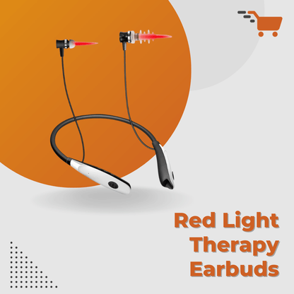 Red light therapy earbuds with a shopping cart icon on an orange and white background