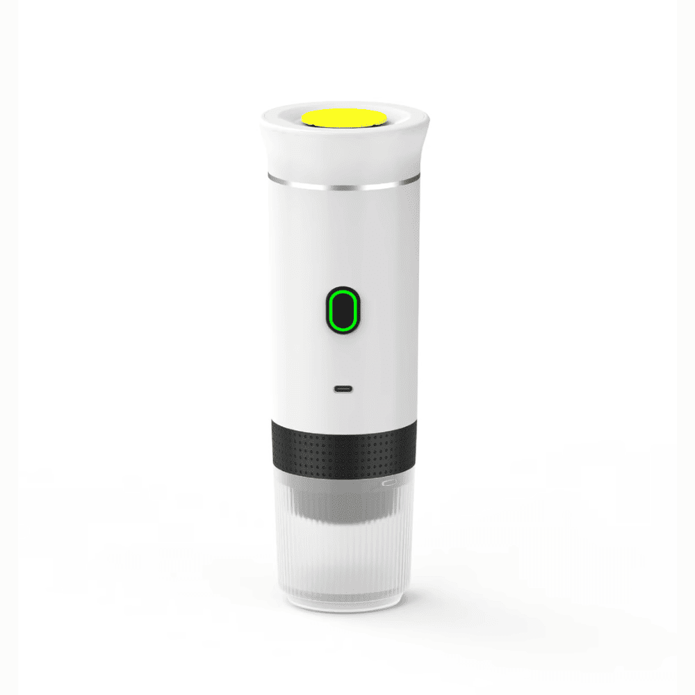 White Portable Espresso Maker with one-touch button and travel cup for easy espresso anywhere