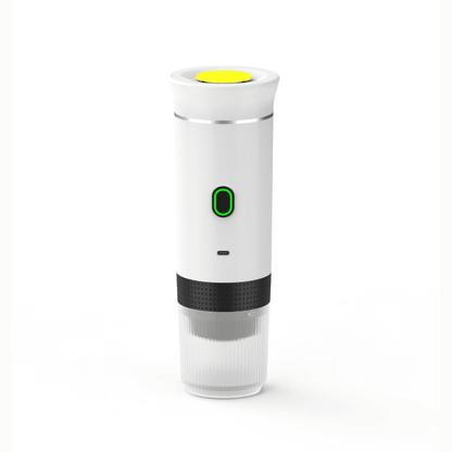 White Portable Espresso Maker with one-touch button and travel cup for easy espresso anywhere