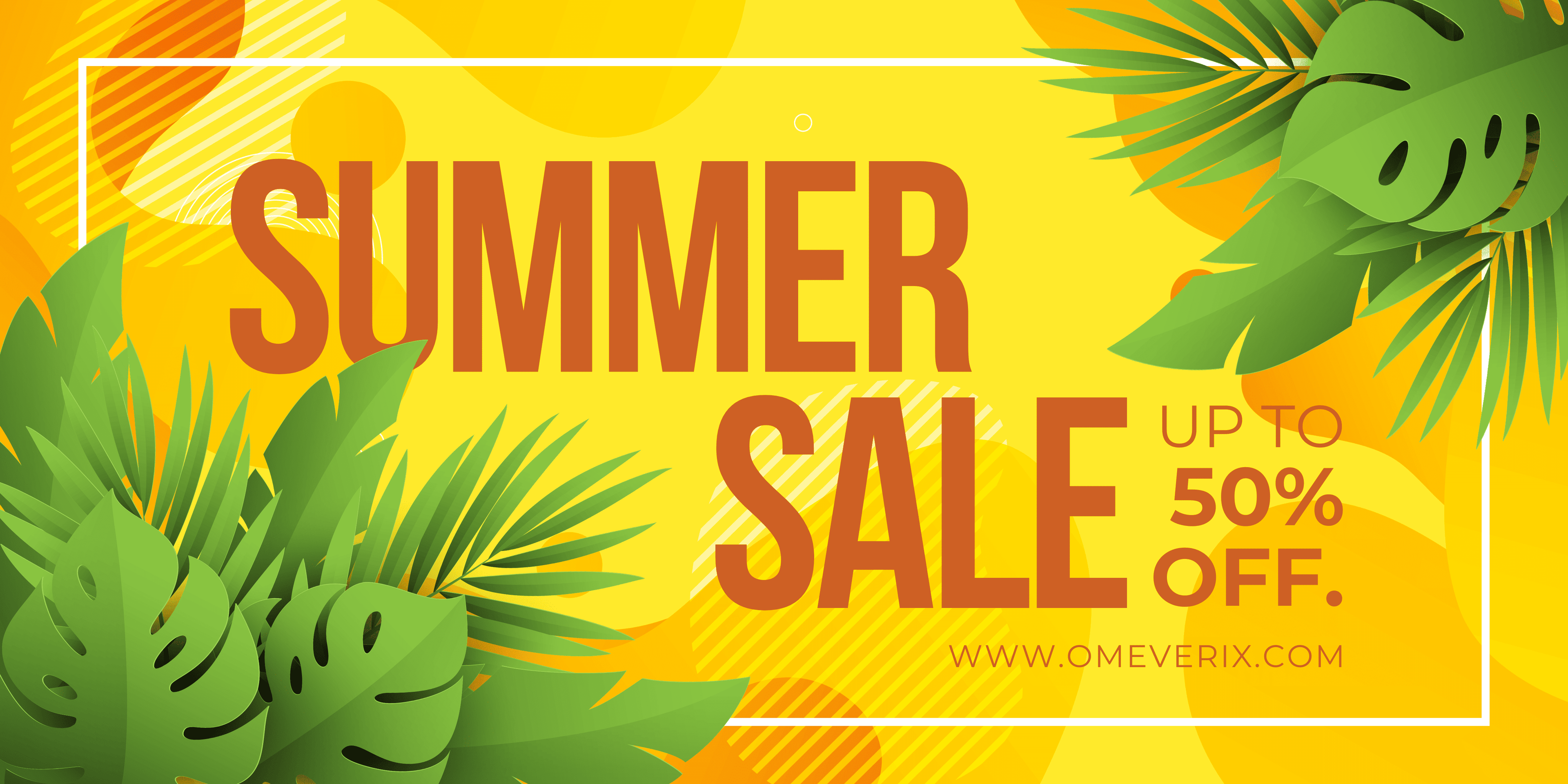 Summer sale banner with palm leaves on a yellow background