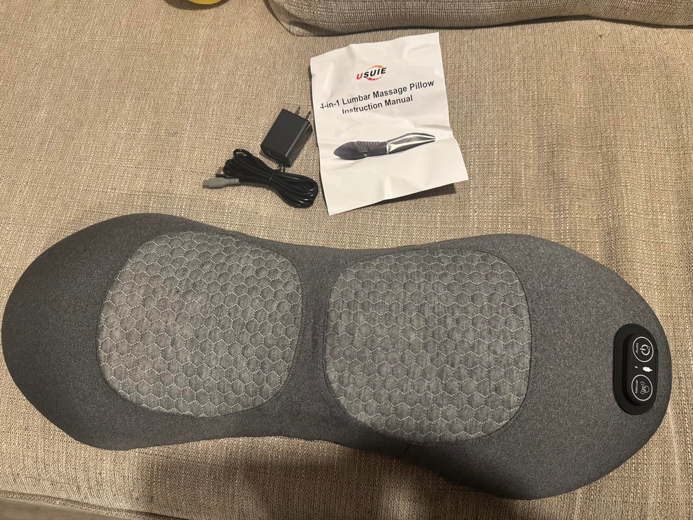 3-in-1 Back Massager Pillow with charging cable and manual for lower back heat and vibration support