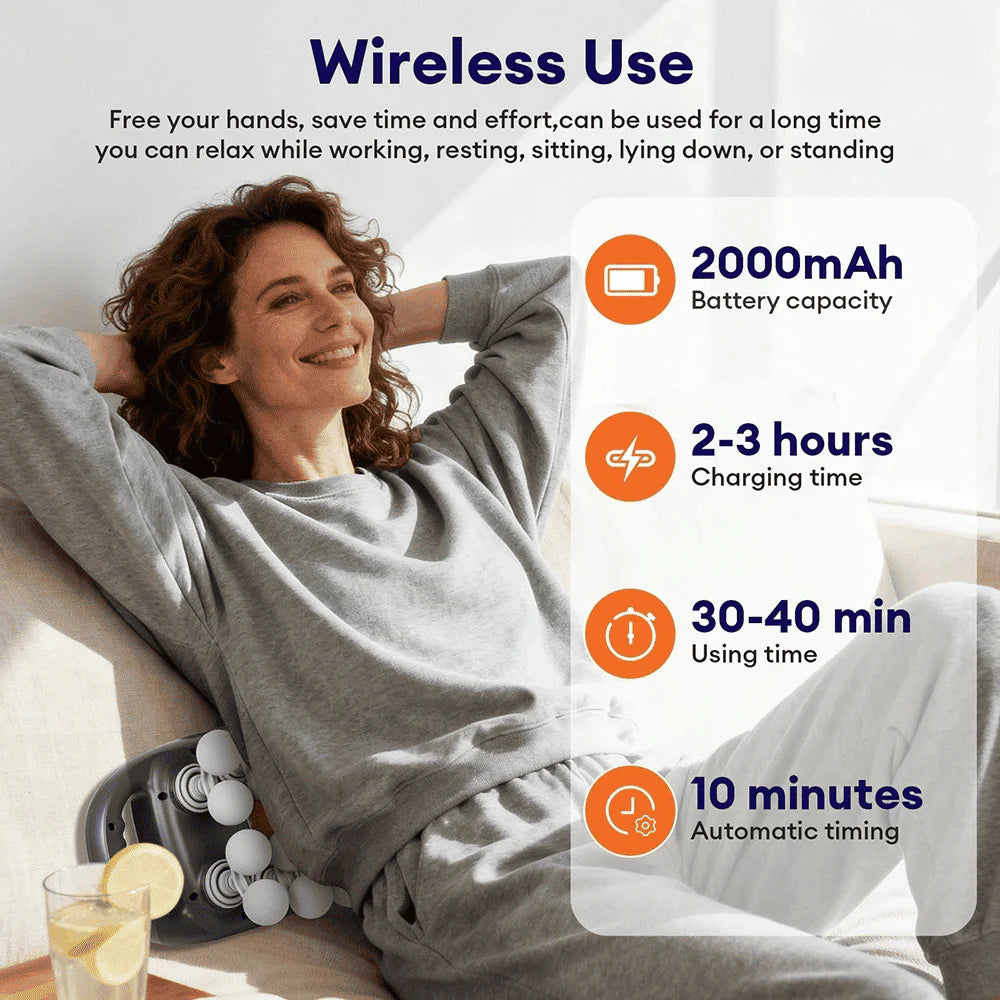 Cordless Wireless Back Massager with 2000mAh battery for hands-free relief while sitting or resting