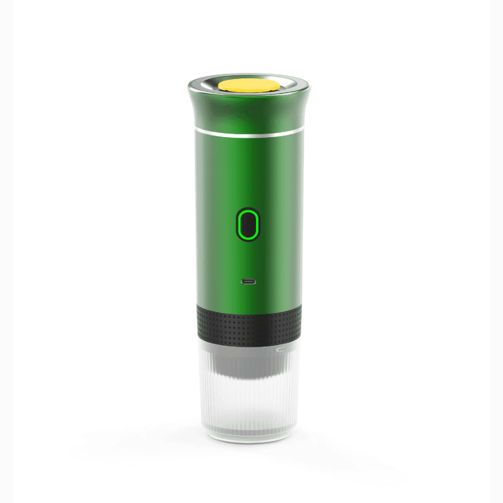Green Portable Espresso Maker with compact design and clear cup for camping, car and office coffee