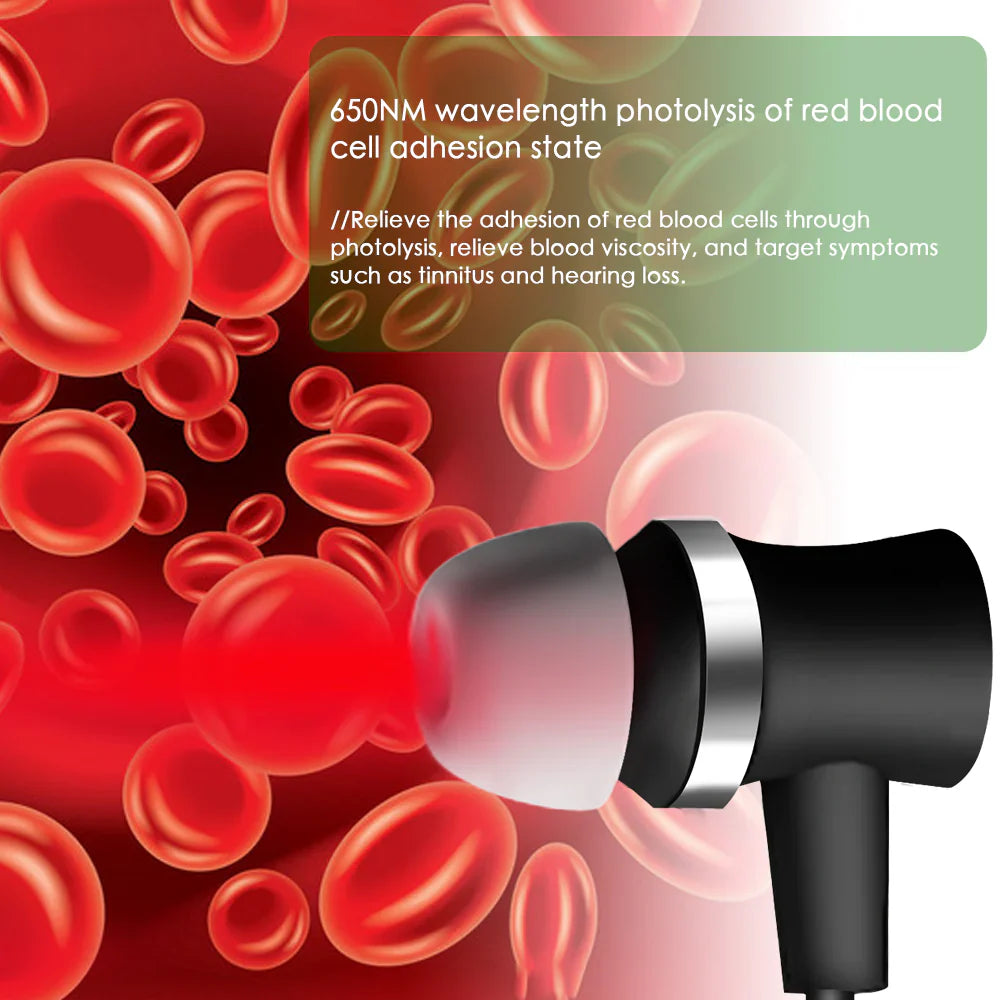 Black and silver device with red blood cells and text about photolysis on a red background