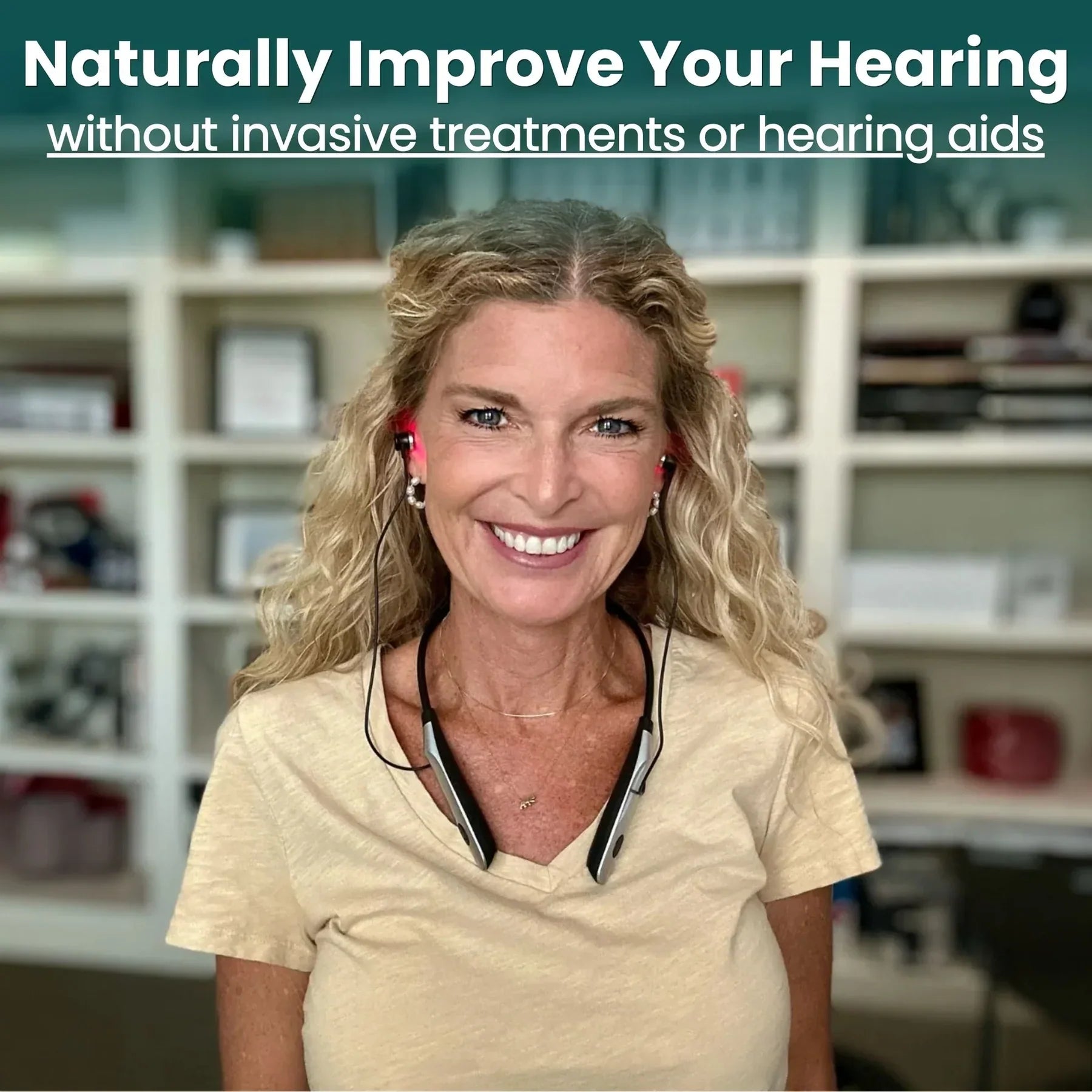 Woman wearing ear devices with text about improving hearing naturally.