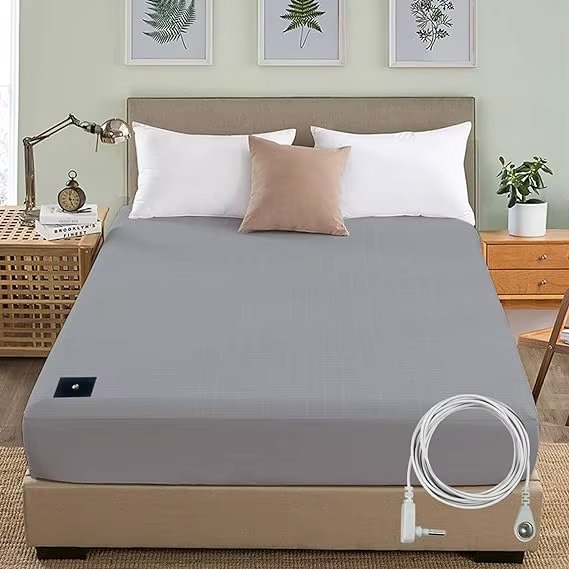 Gray Grounding Bed Sheet with silver fiber weave and grounding cord for daily sleep comfort