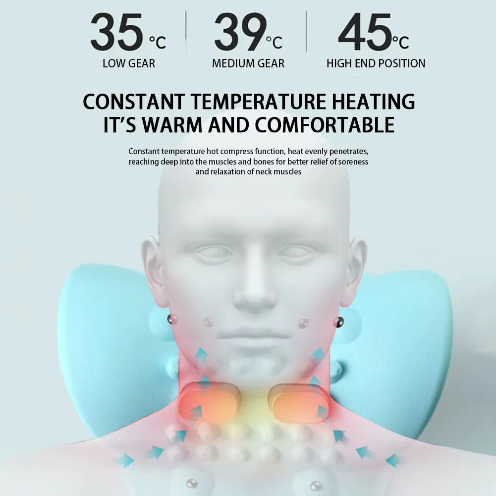 Cervical Neck Massager showing 35°C to 45°C heat settings for warm neck muscle comfort