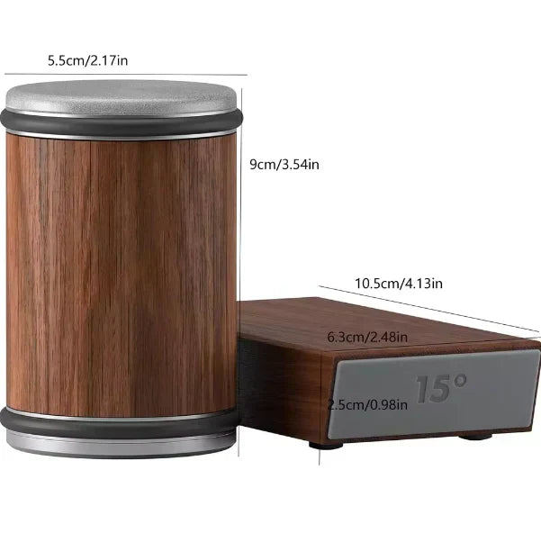 Rolling Knife Sharpener size guide showing compact wooden roller and angled magnetic sharpening base