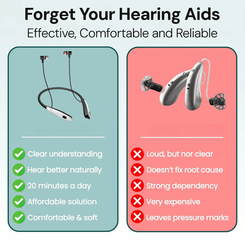Comparison chart of wireless earbuds and traditional hearing aids with pros and cons listed.