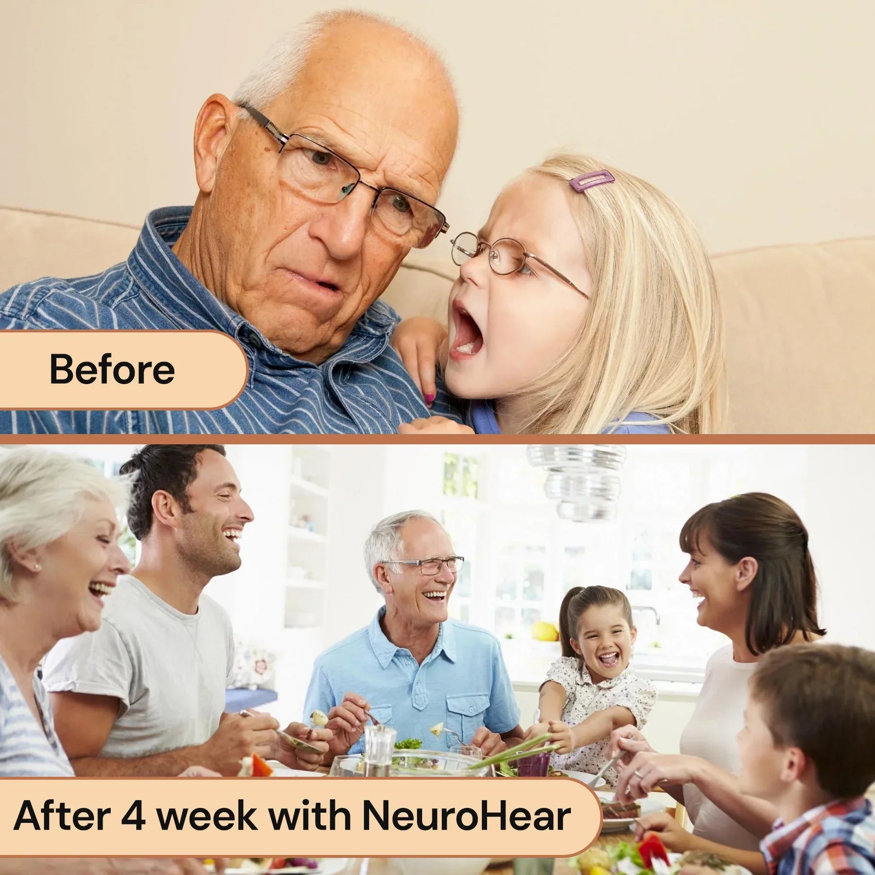 Before and after comparison of a man and a young girl with glasses, showing improved vision after using NeuroHear.